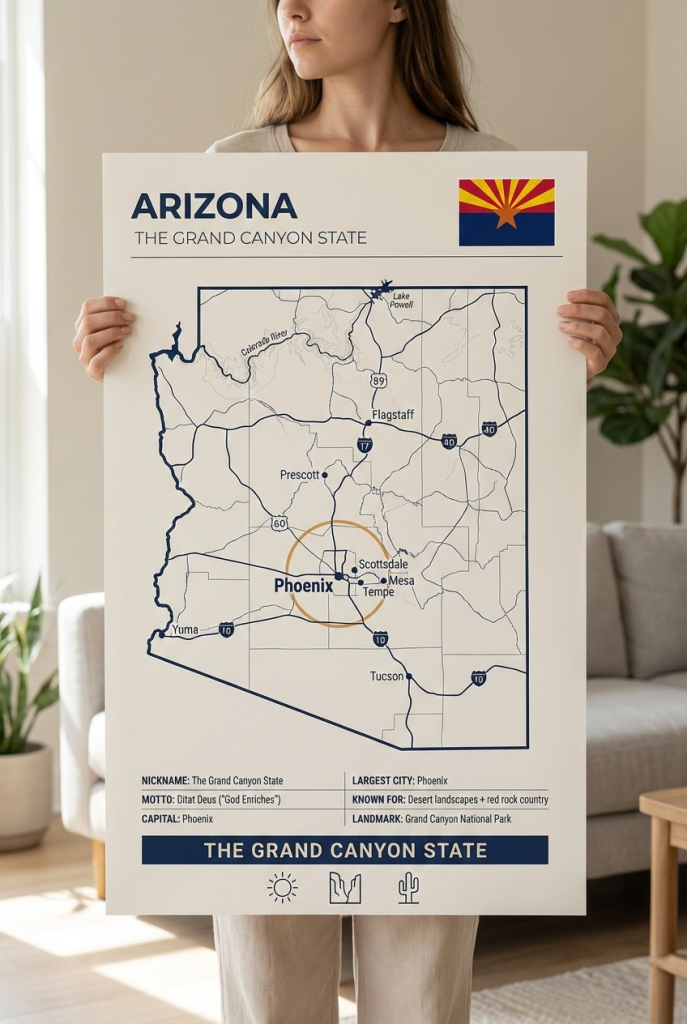 Arizona map poster featuring Phoenix in a minimalist Grand Canyon State wall art style