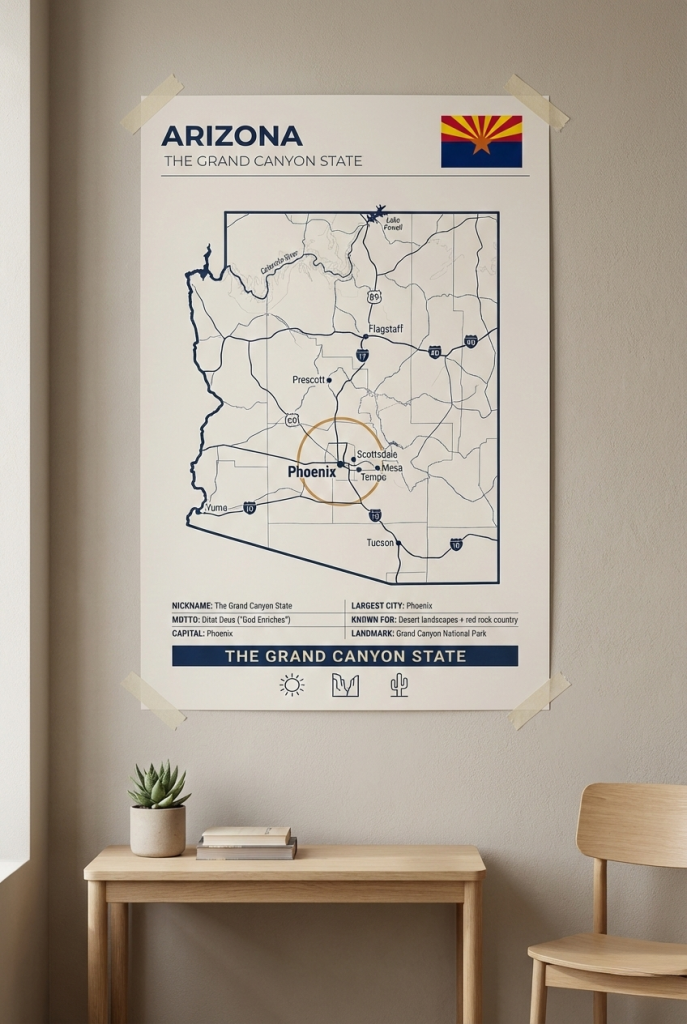 Arizona map poster featuring Phoenix in a minimalist Grand Canyon State wall art style