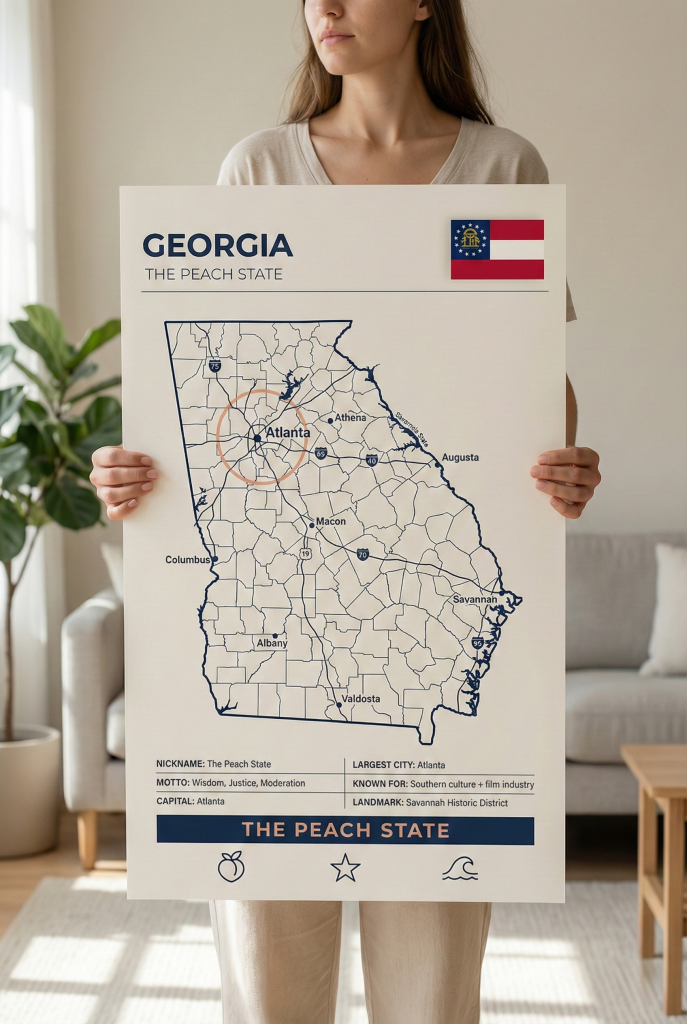 Georgia map poster featuring Atlanta in a minimalist Peach State wall art style