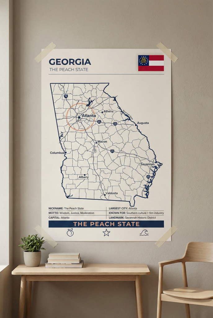 Georgia map poster featuring Atlanta in a minimalist Peach State wall art style