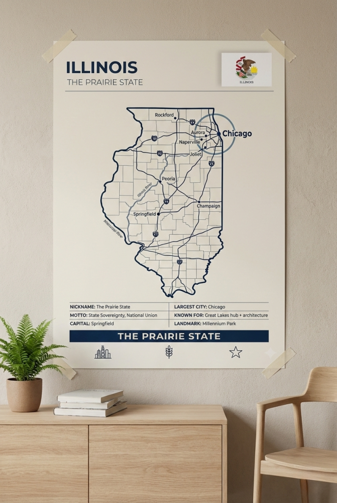 Illinois map poster featuring Chicago in a minimalist Prairie State wall art style