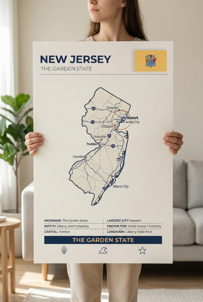 New Jersey map poster featuring Newark and Jersey City in a minimalist Garden State wall art style