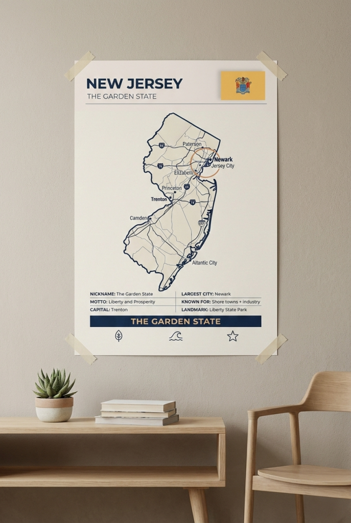 New Jersey map poster featuring Newark and Jersey City in a minimalist Garden State wall art style