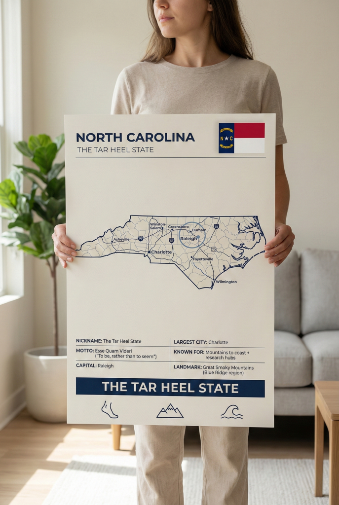 North Carolina map poster featuring Raleigh in a minimalist Tar Heel State wall art style