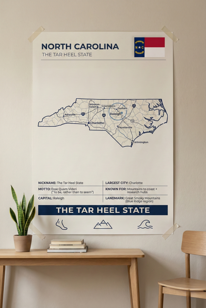 North Carolina map poster featuring Raleigh in a minimalist Tar Heel State wall art style