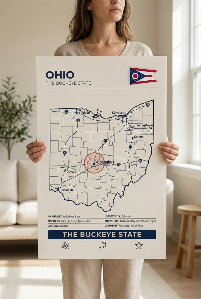 Ohio map poster featuring Columbus in a minimalist Buckeye State wall art style