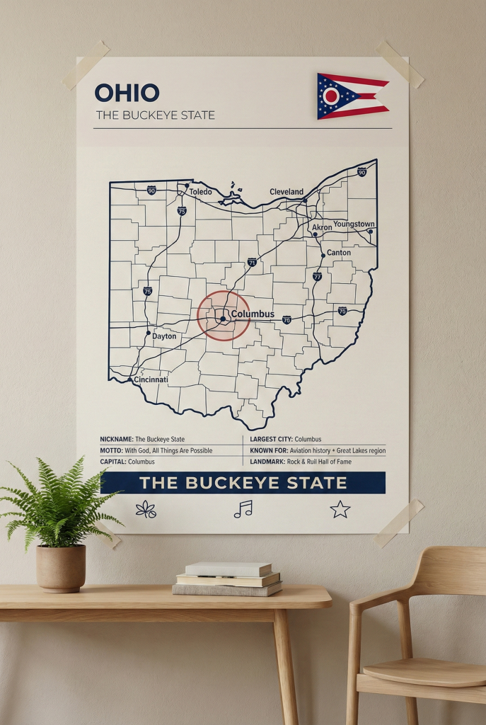Ohio map poster featuring Columbus in a minimalist Buckeye State wall art style