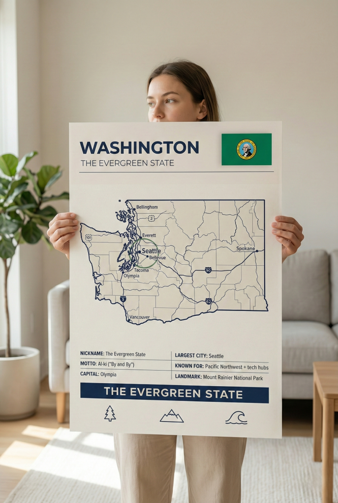 Washington map poster featuring Seattle in a minimalist Evergreen State wall art style