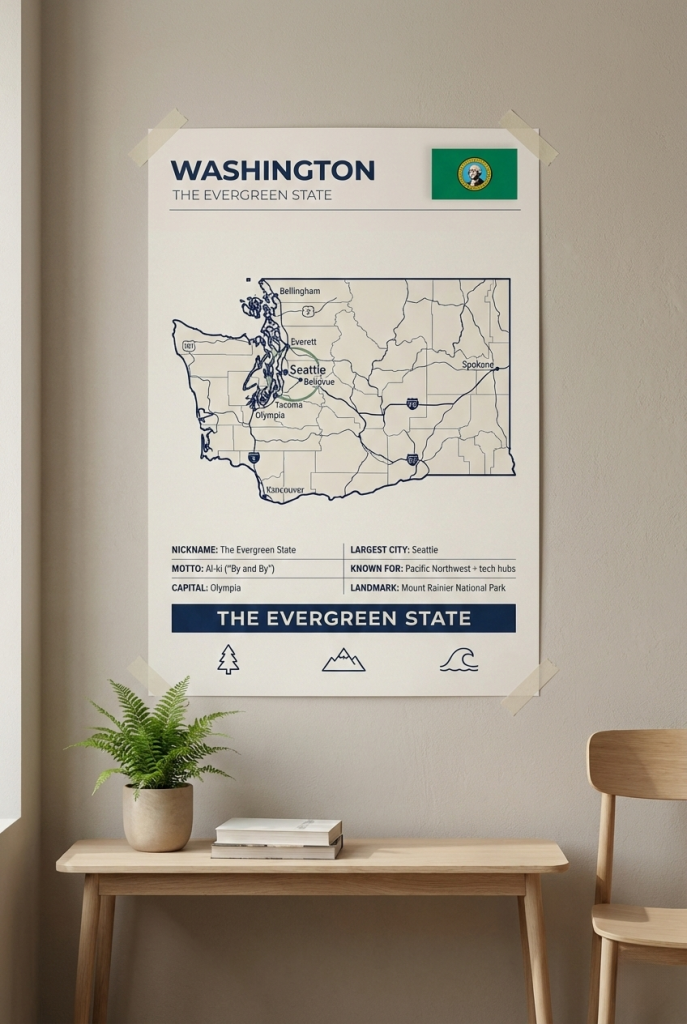 Washington map poster featuring Seattle in a minimalist Evergreen State wall art style