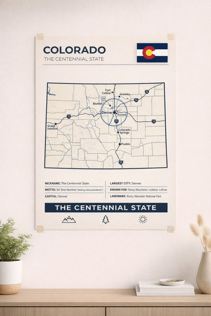 Colorado map poster highlighting Denver in a minimalist Centennial State wall art design