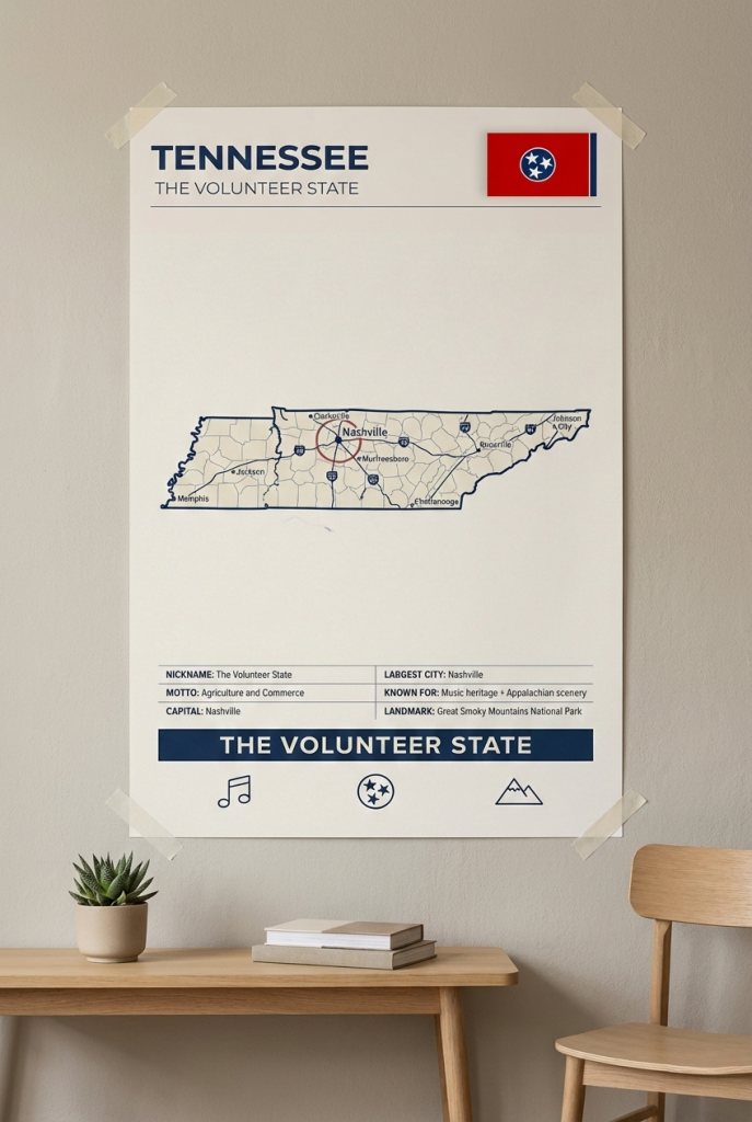 Tennessee map poster featuring Nashville in a minimalist Volunteer State wall art style